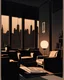 Placeholder: diseñae un living con dos sillones con estética minimalista iluminación tenue una ventana de fondo ciudad tranquila en la tarde y una mesa con un papeli y un lapiz, sin gente