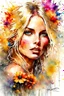 Placeholder: Gorgeous wet look watercolour, a beautiful sensual blond blonde woman, beautiful late summer flowers, colourful, enchanting, wet on wet, silver and gold drops, sparkling lights, winning, intricate, beautiful, gorgeous by Yossi Kotler,