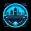 Placeholder: A pixel art cyberpunk version of the Manchester City logo. The crest is circular with a glowing neon blue border, metallic silver text, and a futuristic ship in the center, lit with radiant sky blue lights. Holographic tech circuits wrap around the badge, and the background is transparent.