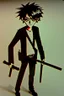 Placeholder: 2d drawing of a stickman, cool with punk hair, x eyes like in hangman, driving a porch, 3d realistic in colour