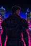 Placeholder: Guts from Berserk, Cyberpunk Edgerunner artstyle, Cyberpunk Night City, Wearing armour from Berserk anime, Looking into the distance at night city