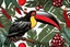 Placeholder: Lively 4D HDR Visualize an (((ultra detailed toucan))), its hyperdetailed beak, eyes and intricate feathers, plucking a red coffee bean from an arabica coffee plant, stylized tropical rainforest foliage, featuring line art and color splashes, set against a (matte black background) with a (developed artist's attention to detail), gorgeously contrasted by a (water splash) and a (color splash art) that mimics fire and water, all rendered in ultra-detailed artistry"; lush jungle environment 《Inspire