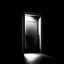 Placeholder: a closed and illuminated white door in the middle of a black void