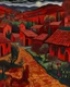 Placeholder: A dark red Transylvanian village near a graveyard designed in Oaxacan Alebrijes painted by Vincent van Gogh