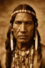 Placeholder: sepia portrait of native American face paint wearing an ornate survival knife