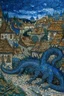 Placeholder: A dark blue village with a dragon designed in ancient Roman mosaics painted by Claude Monet