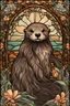 Placeholder: stained glass window design of an overwhelmingly sea ​​otter framed with vector flowers, long shiny, wavy flowing hair, polished, ultra-detailed vector floral illustration mixed with hyper realism, muted pastel colours, vector floral details in the background, muted colours, hyper-detailed ultra intricate overwhelming realism in a detailed complex scene with magical fantasy atmosphere, no signature, no watermark