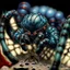 Placeholder: 90's TCG fantasy artwork art of a mutant spider with blue eyes in web