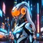 Placeholder: full body portrait of robotic cyberpunk artificial animatronic iridescent attractive_female_cyborg, Alien,futuristic, ,neon orange colors, with incandescent blue eyes, white_hair,futuristic helmet on the head,, in neon city, nighttime