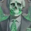 Placeholder: a head and shoulders portrait of a skeleton dressed in a three-piece suit as the president of the united states, based on us currency, united states one dollar bill, shades of green, real-life, colors match the united states one dollar bill, realistic, robotic,