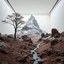 Placeholder: Photograph, NO PEOPLE, a mass of terrain, giant museum space, tree, high walls, high peak in a room, rag, powder, brook, sediments, deflagration of the background, geological formation, light, architecture, minimalist, details of the terrain very accentuated, 8k, deep 3d field, sharp, brutalist, hasselblad h6d400c --ar 85:128 --v 6.0