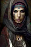 Placeholder: full-body photo of A beautiful Russian Gypsy-woman, middle-eastern, tattoo on face , veil, gypsy scarf