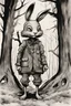 Placeholder: Ink drawing of a cute war bunny, predatory smile, horror, old dark scary forest with crooked trees and roots in the background, by tim burton, fashion ao dai, peter painting, digital illustration, comic style, black and white contrast, perfect anatomy, centered, dynamic, detailed, watercolor, artstation, concept art, smooth surface, sharp focus, illustration, art by Carne Griffiths and Vadim Kashin