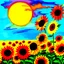 Placeholder: A cartoon image of a sunrise over a field of vibrant colored sunflowers in watercolor ink art style.