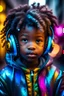 Placeholder: African black girl 5 years old. Afro. Pretty long face. Piercings. Headphones. Tattoo in the face. Intense look. Glowing eyes. Makeup. Geisha mask. Photorealistic. Real light. Harajuku Japanese esthetic. Retrofuture. Hip hop. Black panther. Textile texture Detail. Bubble jacket iridescent. Eyeliner. Guettoblaster. Real reflection.