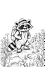 Placeholder: sketch of a laughing raccoon with a backpack and a hat hiking down a trail surrounded by flowers