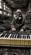 Placeholder: a person with a gas mask in an abandoned big massive factory, playing with a modular synth piano