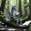 Placeholder: A dragonoid human with grey scales and a flexible tail in the middle of taking notes in a magical forest