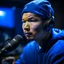 Placeholder: Christer Chao Solvang, norwegian chinese rapper in silver blue studio and with a tiny weird hat, young dark and handsome, with thick hairy eyebrows, and tiny mic, directing a debate, photo-realistic, shot on Hasselblad h6d-400c, zeiss prime lens, bokeh like f/0.8, tilt-shift lens 8k, high detail, smooth render, down-light, unreal engine, prize winning