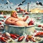 Placeholder: Donald Trump as a Fat man in a claw foot bathtub sinking in the ocean. Water lapping at the top of the tub. Panic on his face. Scared, screaming for help. Surrounded by seagulls, lobsters and crabs. there is a colorful light house with stormy skies in the background. Lightening and wind blows. He's in trouble.