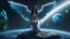 Placeholder: angels with a beautiful face with a wings siting on the monolith made of blue tiberium crystals of lights, matrix universe, planets on the back grounds, green crystals of tiberium on the life and right