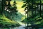 Placeholder: retro anime style, full color, dark serious 1980s anime style, A lake in the forest, watercolor, forest