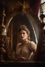 Placeholder: Victorian lady reflected in a shards of mirror , raw foto, natural vivid colors, dynamic light and shadow, very detailed scene with intricate details,