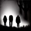 Placeholder: three figures, silhouettes, dark, foggy weather, night, forest, black, horror, art, evil, dark effect,