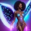 Placeholder: full body shot, masterpiece, best quality, black skinned, sparkling eyes, long hair, gorgeous African Fairy queen,wings,fluorescent skin,light blue makeup,sparkly glass diamond transparent,synthwave, light indigo, trasparent , irridescent, highly detailed body, sun light, 4K, RAW, depth of field, high contrast, realistic details, 24mm vaporwave aesthetic, synthwave, artstation, concept art, smooth, extremely sharp detail, finely tuned detail, ultra high definition, 8 k, unreal engine 5, ultra sh