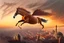 Placeholder: Ultra realistic vibrant half-human, half-horse creature (Centaur) flying after a dynamic jump in the sky before a Bird's-eye view of Istanbul at sunset, with Hagia Sofia visible, in the twilight, and fog and mist rolling in between the houses. Pastel brown and orange colors, sepia very attractive fantastic view