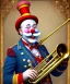 Placeholder: happy old friendly clown with round head and trimmed beard playing jazz with a steampunk theme, trumpet on mouth, circus, realistic