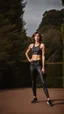 Placeholder: photography of a beautiful anorexic woman, anthracite satin triathlon top, sports illustrated, brunette short wavy bob haircut, pronounced sternum, flat chest, anthracite short leggins