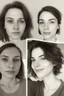 Placeholder: A selfie of a brunette woman, middle short hair, showing a 27-year-old European woman. She has white skin, tousled brown hair, face without makeup, big round dark brown eyes, cute profiled nose, detailed full lips, skin texture. show on the side same face but 10 years older
