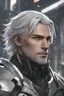 Placeholder: close up headshot portrait of a man in his 20's, silver hair, gray eyes, athletic build, perfect face, confident, protective-looking, Wadim Kashin, James Gurney, amazing beauty, splash art background, wears silver and black clothes, anime style, 8k resolution, high definition, intricate design,