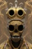 Placeholder: black male African alien, cracks in the voodoo head, wicked, diamond eyes, crown, blood, 8k, finely detailed, photo realistic, leopard robe turquoise skull head gold dragon space alien rain skeleton gold teeth silver crown silver space suit spaceships