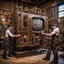 Placeholder: Steampunk engineers constructing a large flat screen television