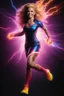 Placeholder: medium long shot, wide angle shot, full body, Barbie Allen aka The Flash, running, multicolored, atmospheric, beautiful, bright, vibrant colors, multicolored lightning, pitch-black background, Professional quality digital photograph, 4k UHD, Photorealistic, professional quality