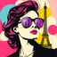 Placeholder: Pop art composition of a stylish woman wearing reflective sunglasses reflecting the Eiffel Tower, abstract shapes in background, classic advertising vibe, by Warhol