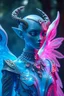 Placeholder: a photorealistic grey alien angel translucent transparent, surrealism, fog, octane render, cinematic, futuristic outfit, haute couture, exotic jewerly, blue pink, forest background