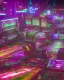 Placeholder: A dark photo of a full panoramic view an 80's aesthetics arcade at night, with a lot of functioning arcade machines, a vaporwave floor and some colorful tiles in between the floor. Purple aesthetics.