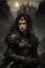 Placeholder: A formidable warrior girl in black armor, against the background of an amazing gloomy landscape, flooded with the light of two moons, mountains, trees, a fabulous scary landscape, juicy emotions, painting, dark fantasy, gloomy day, dark world, portrait, Gothic Town At Night, Fantasy, Intricate Details, Castle Courtyard Gardens, Hyper Detailed, Jean Baptiste Monge, Carne Griffiths, Michael Garmash, Seb Mckinnon, Masterpiece