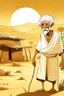 Placeholder: Old man, Arab, turban, white clothes, cattle, desert, council, sun, palm trees, mud houses, holding a stick, looking forward, a very slight smile.cartoon