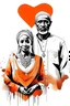 Placeholder: 3cpo "sudanese man mathematician" , concept art, water color, water color effect, splash,use orang & black & white, logo design,white background, Sudane man wearing traditional sudan and a sudanese woman wearing traditional sudan , are forming a heart with their hands, clearly displaying the sudanes flag. The image combines half of the man’s face with half of the woman’s face. The background for the man includes white with artistic green Arabic calligraphy in a calligraphy style, and the woman