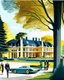 Placeholder: Architectural drawing of a luxurious modern country house, trees, people and cars, complementary colors