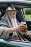 Placeholder: gandalf in a car drinking a beer
