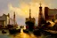 Placeholder: loose painting with thick paint and sraped canvas texture of a working harbor, where freighters are offloading cargo ala thomas kincade