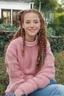 Placeholder: Sherrie Sue Engellant, a tiny, stacked, ((well-endowed:1.5)) 18-year-old girl with Long, auburn red-brown hair cornrow style, sea-green eyes, sitting in her front yard wearing a pink, knit, turtleneck sweater, blue jeans, black converse sneakers, a sly, clever grin on her face, (plump, full, pouty lips) ,