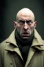 Placeholder: bald scared man in coat