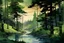 Placeholder: retro anime style, full color, dark serious 1980s anime style, A lake in the forest, watercolor, forest, a cortage