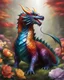 Placeholder: llustration of a dragon made of glass, full body shot, vivid color, depth of field, bright forest of colorful flowers